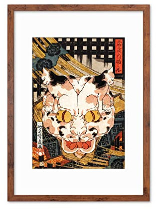 Japanisches Ukiyo-e Kunstdruck-Poster Woodblock Wall Art - Mystery Of The Cat - Monster Yokai (Rustic Large + Mount)