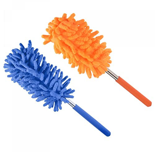 sourcing map Plumero de Microfibra para Limpieza, Cepillo de Chenilla Extensible Lavable de 11 a 31 Pulgadas para Ventana, Muebles, Ventilador de Techo, Azul + Naranja 2 en 1 Juego