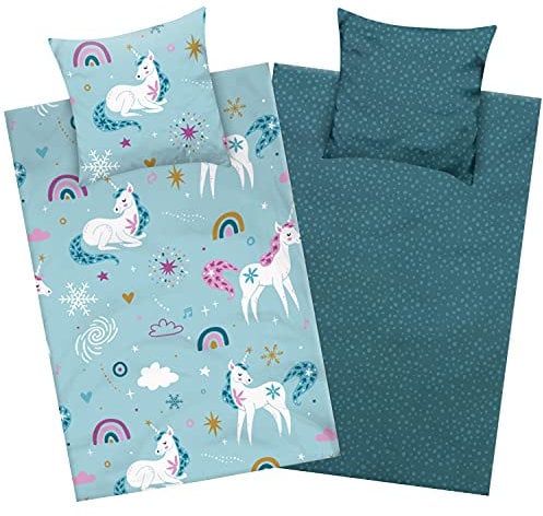 Aminata kids Bettwäsche Einhorn 135 x 200 Biber Mädchen Flanell Baumwolle Petrol mit Regenbogen - Kinder-Wende-Bettwäsche-Set - Reißverschluss | ÖkoTex | Unicorn | Pferde Tier-Motiv