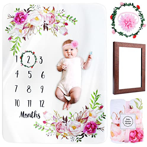 Nizirioo Meilensteindecke Baby Monats Decke, Babydecke Mit Blumenmuster, Monatsdecke Baby Junge & Mädchen, Babydecke Mit Monat Als Geschenk Zur Geburt 130x100cm