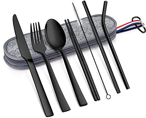 Joyfair Portable Cutlery Set, 8 Piece Black Stainless Steel Travel Flatware Set with Grey Case, Reusable Eating Utensils with Knife/Fork/Spoon/Chopsticks/Straws/Cleaning Brush, Dishwasher Safe