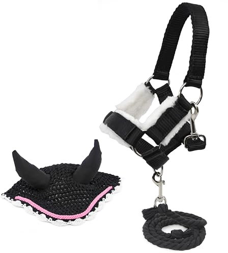 Horse Academy Insektenschutzmütze, Schwarz, mit Halfter, Schwarz, mit Führstrick für Hobby und Hobby Horsing, HHLLB02, Rosa