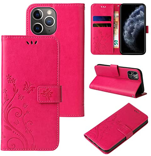 LBH Handy Hülle für Apple iPhone 11 Pro Max Case Handytasche Schmetterling Blumen Flower Standfunktion Schutzhülle Magnet Rundum Schutz 360 Grad Flipcase Cover Pink