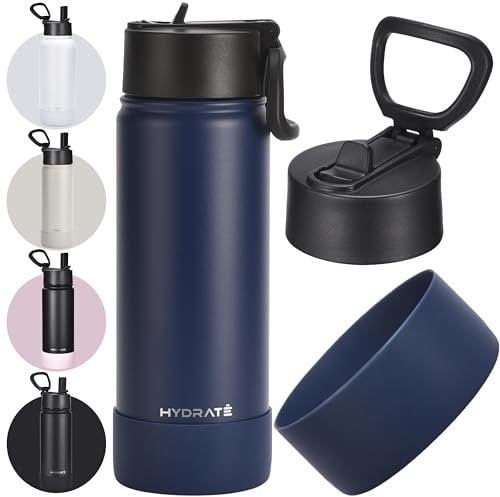 HYDRATE 500ml Stainless Steel Water Bottle with Sleeve Base - Thermal Flask for Cold and Hot Drinks - Convenient Straw for Easy Hydration - Reusable Sports Drink Bottle - Insulated - Blue