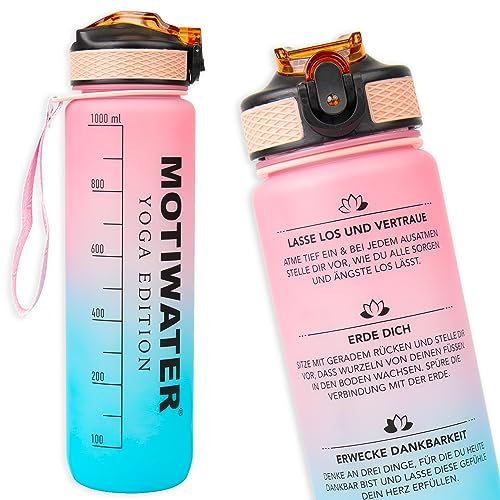 MOTIWATER YOGA Motivations Entspannungs 1L Trinkflasche interaktive Stress reduzierende Übungen für Büro, Schule & Sport