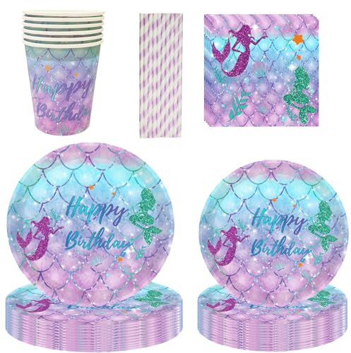 84 Pcs Meerjungfrau Partygeschirr Set -16 Gäste Meerjungfrau Geburtstag Teller Servietten Tassen Party Besteck,Meerjungfrau Thema Partyzubehör Geschirr für Mädchen Geburtstagdeko Partys