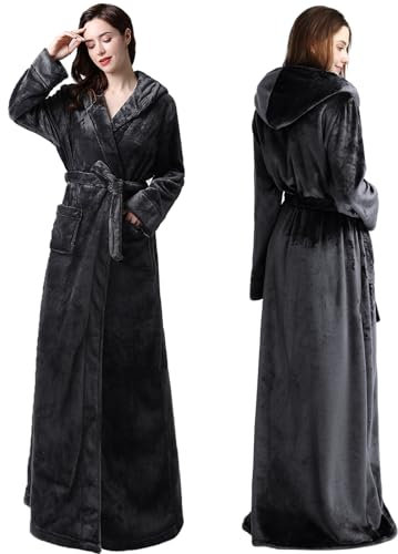Oksun Womens Long Dressing Gown Robe Full Length Ladies Fluffy Plus Size Fleece Hooded Winter Warm Bathrobe (Grey,L)