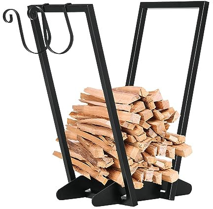 Outsunny Range-bûches porte bûche range bois de chauffage en acier design trapézoïdal avec 2 crochets et étagère inférieure pour intérieur et extérieur 45 x 32 x 58 cm noir