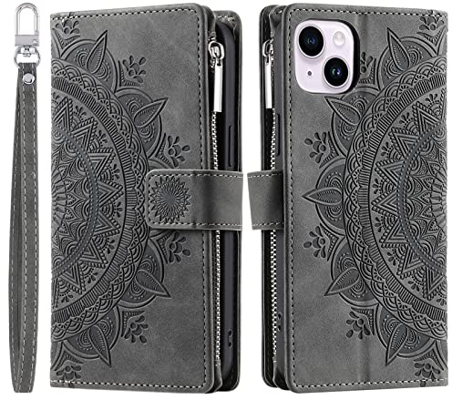 VEEMOS Wallet Case for iPhone 15 Plus Flower Flip Case Protective Leather Folio Book Phone Cover with Card Slots Kickstand Zipper Pocket - Grey