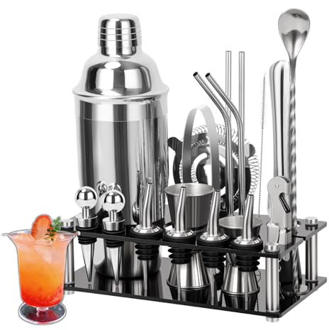 Cinnani Shaker Cocktail Set-Set Barman Cocktail en Acier Inoxydable de 20 Pièces-Professionnel avec Accessoires, Support en acrylique-Cocktail Kit Complet-professionnel kit pour barman