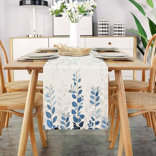 DecorMommt Blau Tischläufer Modern Wohnzimmer Tischläufer40 x 140 cm Tischläufer Floral Blatt Muster Leinen Abstrakt Faltenfrei rutschfest Tischband Deko Tischwäsche Esstisch Hochzeit