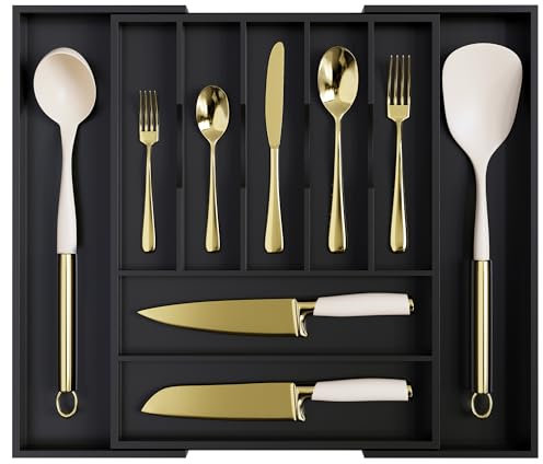 oridom Großer Premium-Besteck-Organizer aus Bambus – erweiterbarer Schubladen-Organizer und Utensilien-Organizer – 43,2 x 50 cm Besteckkasten mit Trennwänden für Küchenutensilien und Besteck (7–9
