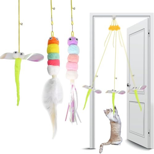 Wisebom Jouets pour Chats Suspendus, 3Pcs Colorés Jouet Chat avec Herbe à Chat, Corde Élastique Jouet Chaton Interieur Jouet à Plumes avec Cloche pour Exercice Élimine l'ennui