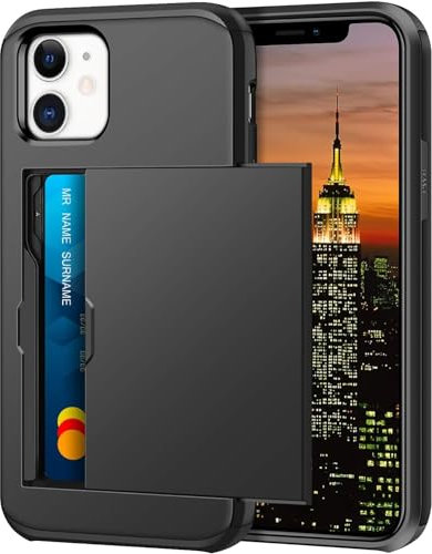 XYZNTMF for iPhone 12 Case iPhone 12 Shockproof Case with Card Holder Soft Silicone Bumper Matte Hard PC Shell Heavy Duty Protective Skin Cover Armor Rubber iPhone 12 Phone Case, Black