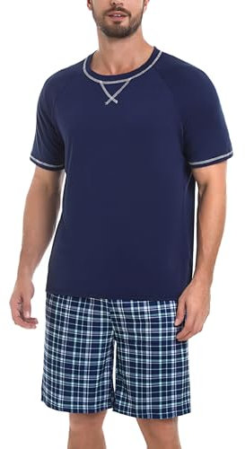 Litherday Pyjama Homme Ete Coton Vêtements de Nuit d'été Short à Manches Courtes Col Rond Bas de Pyjama à Carreaux