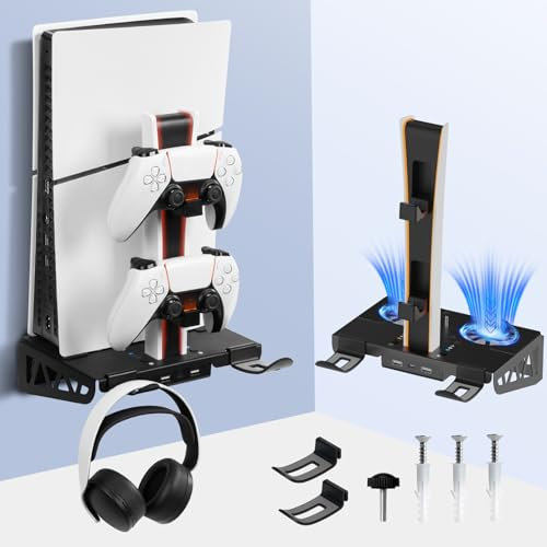 WishJazz Wall Mount Kit for PS5/PS5 Slim with Fast Charging Station, Steel Wall Stand Kit with 2 Large Cooling Fans, Dual Controller Charger and Headphone Hanger, Compatible with PS5/PS5 Slim