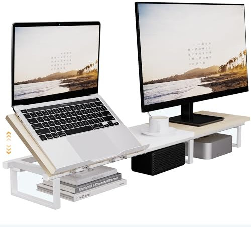 Aothia Dual Monitor Stand Riser, 108cm grande scrivania per monitor + supporto per laptop con altezza regolabile, supporto da tavolo in legno per PC/Laptop/TV/Stampante, quercia+bianco