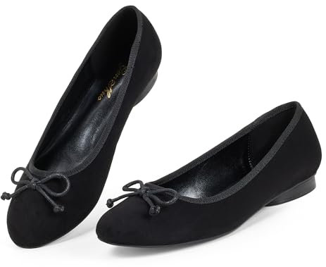 GENSHUO Women's Ballerina Shoes, Flat Slip-On Round Head, Classic Basic Style with Bow Decoration, Comfortable Casual Shoes, Black Suede, 5 UK