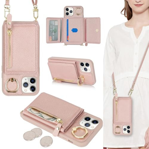 ELTEKER Handyhülle für iPhone 11 Pro Hülle mit Band Kartenfach Ringhalterung Geldbörse,Leder Klapphülle Umhängetasche Handytasche für iPhone 11 Pro - roségold