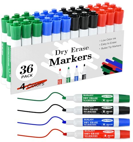 SUQJOY Dry Erase Markers, 36 Pack Bold Bullet Tip Whiteboard Markers, 9 Black, 9 Blue, 9 Red and 9 Green, Low Odor Bulk Markers for Classroom, Teachers and Office