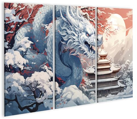 islandburner Prime Bild auf Leinwand Winterlandschaft Drache über asiatischer Stadt Bilder Wandbilder Poster