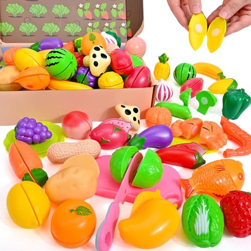 Mamowla Ensemble De Jeu Alimentaire pour Enfants 66 Pièces,Jouets De Coupe De Fruits Et Légumes pour Tout-Petits,Jouets De Coupe De Fruits en Plastique,Convient Aux Enfants De 3-10 Ans