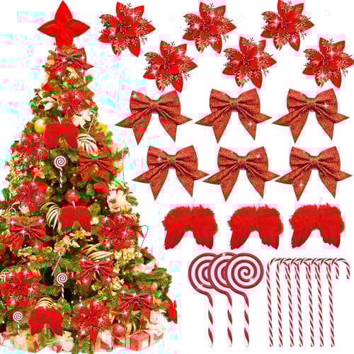 Abitoncc 24 PCS Red Christmas Tree Decorations, Red Artificial Poinsettia Flowers, Red Foam Bows, Red Feather Wings, Christmas Candy Canes Ornaments for Christmas Decorations Red