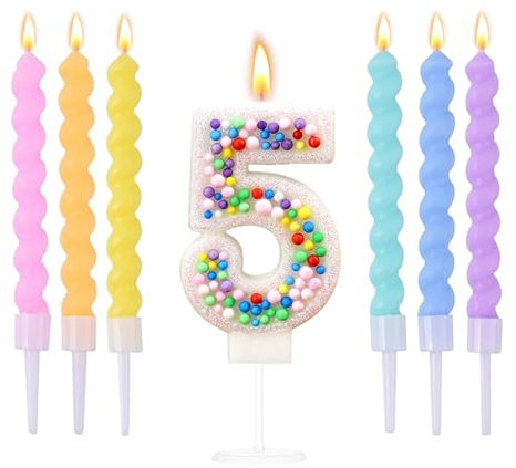 Ovaletta Regenbogenball Geburtstagskerzen Zahlen 5, Kerzen Geburtstag, Bunte Geburtstagskerze, Geburtstagskerzen für Torte, Kerze 5, Kerzen Zahlen (mit 6 Stücke Bunte Geburtstagskerzen für Torte)