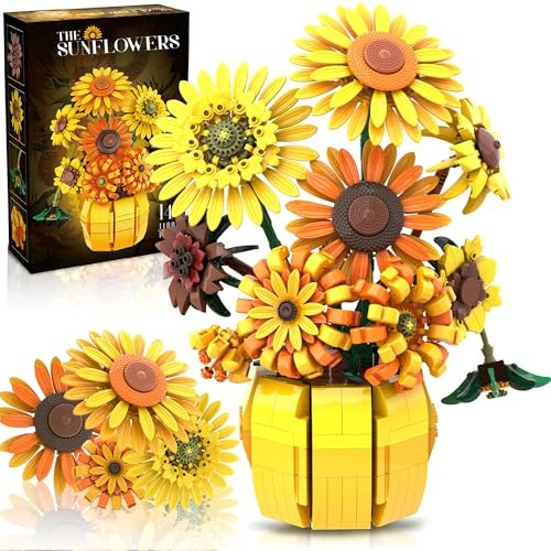 Mavo brix Set da costruzione di fiori per adulti, stampe artistiche di Van Gogh, collezione botanica per donne e ragazze dai 14 anni in su, kit di piante per bouquet di girasoli, compatibile con fiori