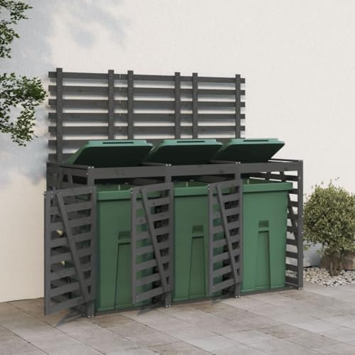 Triple Wheelie Bin Storage Grey Solid Wood Pine