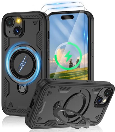 Jshru 3 in 1 Magnetic for iPhone 15 Case,Compatible with MagSafe | Built-in Stand | 2 Pack HD Screen Protector,Military-Grade Shockproof Protective Cover for iPhone 15 6.1-Inch,Black
