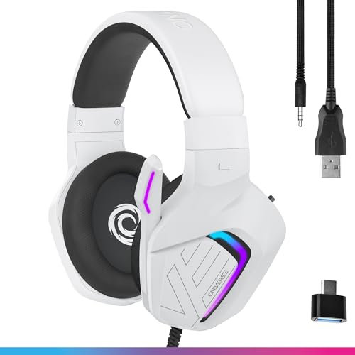 Oniverse Casque Gaming Filaire avec Micro réglable, Compatible PS5 PS4 Switch 2 Xbox PC Mac, Casque Gamer à LED, Haut-parleurs 50mm Confortables et Respirants, Filaire Jack - Meteor (Frost White)