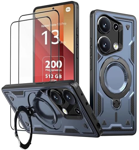 KANSi Cover per Xiaomi Poco M6 Pro/Redmi Note 13 Pro 4G (Non per 5G) con Vetro Temperato*2, Custodia Protettiva per Smartphone con Anello Rotante - Antiurto Bumper Blu