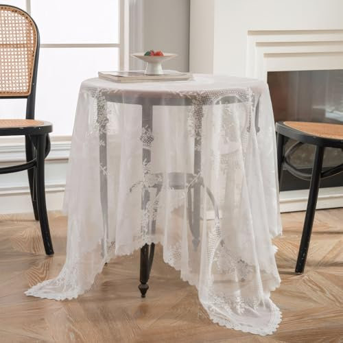 Elegante Weiße Spitzentischdecke mit Floralen Mustern, Tischdecke Bestickte Spitze Rand Transparente Tischabdeckung, Französische Rustikale Bestickte Tischdecke für Hochzeit Party Bankett Empfang