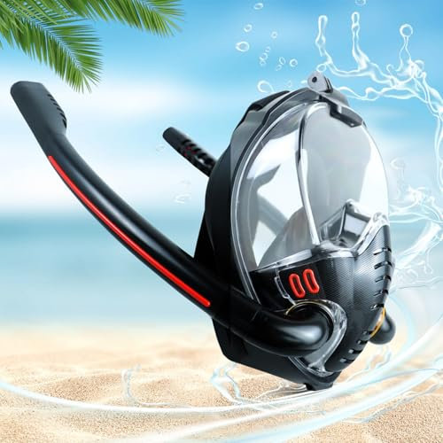 Mascara de Buceo, Mascar a Snorkel M,Snorkel Adulto Panorámicas de 180°, Masca ra Buceo con Lente de Vidrio,Anti-vaho Anti-Fuga Compatible con Soporte de Cámara(Negro,M)