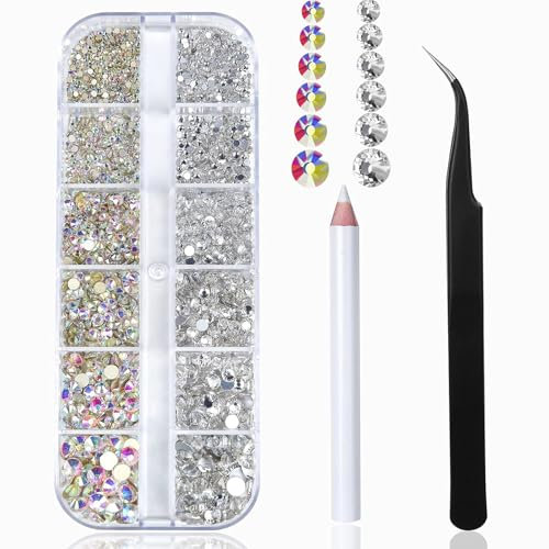 Nail Art Rhinestones Kit 1500pcs Nail Gems Ab Flatback Rhinestones Gems Stones, with Storage Organizer Box/Wax Pencil/Tweezers 6 Sizes (1.5-4.5 mm) for Nail Art Craft