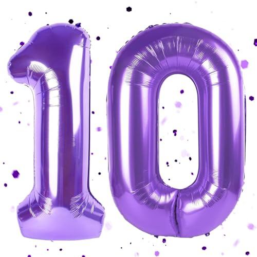 Lila Luftballon 10,Zahlen Luftballon Lila,40 Zoll lila Folienballon 10,101cm Zahlenballon 10 Helium Ballon Luftballon 10 Geburtstag für Geburtstagsdeko Kinder Mädchen Junge