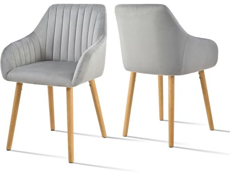 Goeurvant 2er Set Esszimmerstühle mit Holzbeine Küchenstuhl mit Armlehne aus Samt Stühle Esszimmer Armlehnstühle Wohnzimmerstuhl für Küche Esszimmer, Hellgrau