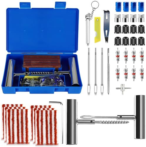 USHOP 66 Pcs Kit de reparación de neumáticos,Kit Antipinchazos Coche 30 tilas de repalacion,kit de Reparación para Neumáticos Pesados,Con Bolígrafo de Presión de Neumáticos,para coches,SUV,moto y más