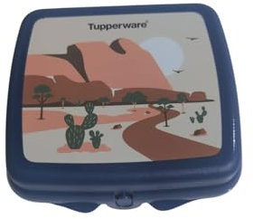 Tupperware Sandwich-Box Aufbewahrungsbox Brotdose quadratisch mit Scharnier und Verriegelung (blau mit Wüste)