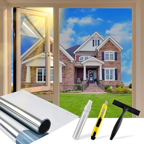 Cycbiki UV Schutzfolie Spiegelfolie Fenster Sichtschutz 100x200cm Hitzeschutzfolie Fenster Sonnenschutzfolie Fenster innen & außen Selbsthaftend Rückstandslose Fensterfolie für Ihre Haus/Büro Silber