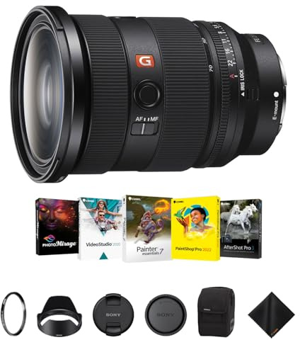 Sony Obiettivo FE 24-70 mm f/2.8 GMaster II per E-Mount, obiettivo zoom standard veloce con filtro Tiffen 82 mm protezione UV, kit software Corel e panno di pulizia, pacchetto essenziale