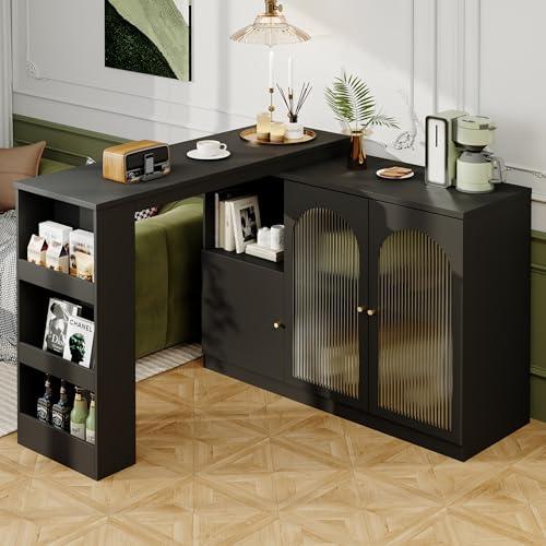 TOBIDOEN 360° drehbarer Bartisch mit Stauraum 120 x 40 x 97 cm, Esstisch ausziehbar, multifunktionaler Barschrank Kücheninsel mit offenem Regalen und Glastür, Küchentisch Holz (Schwarz)