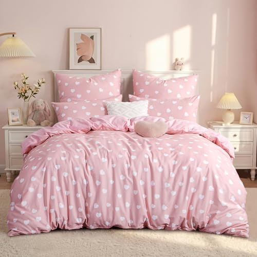 RUIKASI Bettwäsche 200x200 Baumwolle 3 teilig Rosa - Baumwollbettwäsche 200 x 200 mit Herzen Muster, Bettbezug Set Cotton mit Reißverschluss