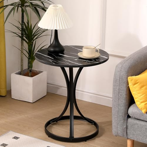 Menaka Round Small Sofa Table Side End Table White Marble for Living Room Bedroom, 50CM Wood Top Coffee Table Little Corner Tea Table with Metal Frame Beside Table Nightstand