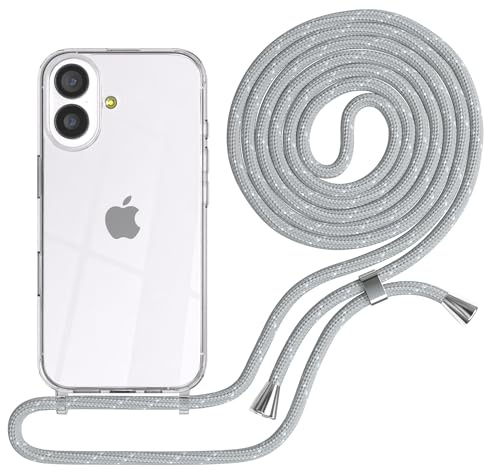 EAZY CASE Handykette kompatibel mit iPhone 17 Handyhülle mit Umhängeband, Handykordel mit Schutzhülle, Silikonhülle, Hülle mit Band, Stylische Kette für Smartphones, Grau/Weiß - Clips Silber
