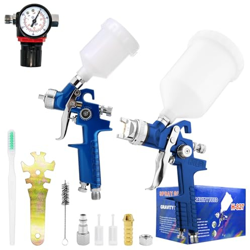 2-en-1 HVLP Pulverizadores de pintura con boquilla de 0,8 mm Boquillas 125 ml taza y 1,4 mm boquillas 600 ml taza pistola pulverizadora profesional para pintura de muebles de coche (azul)