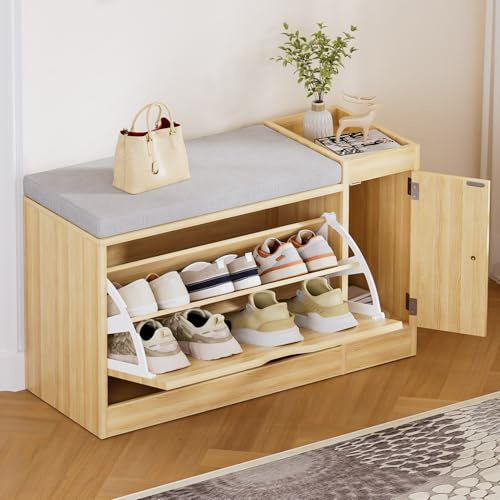 Yorbay Schmale Schuhbank mit Sitzfläche für Flur: 2-in-1 für 6 Paar Schuhe | Ordnet Sneaker und Halbschuhe-Für Diele und Wohnung-Verstellbare Fächer und Polstersitz für bequemes Anziehen-Beige