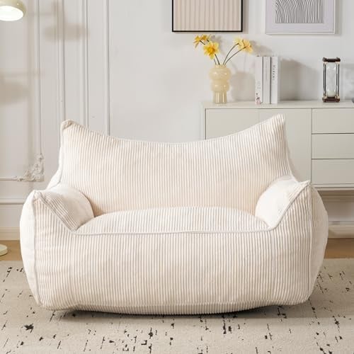 Fiximaster Pouf en Velours côtelé avec Dossier, Pouf pour Adulte avec Rembourrage, Grand Pouf en Fourrure synthétique, Fauteuil Confortable avec Mousse Haute densité, Chambre, Salon, Crème