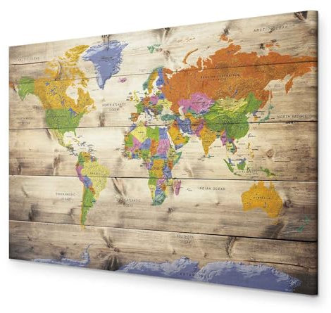 B&D XXL - Wandbilder 60x40 cm 1 tlg - Wand Deko Vlies Leinwand Bilder Groß Wanddeko Wohnzimmer Schlafzimmer Kunstdrucke - Poster Weltkarte Kontinente Welt Karte Holz k-A-0180-b-a